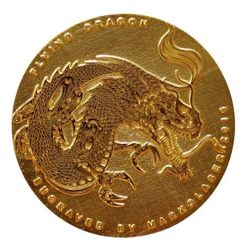 Flying dragon artwork engraved and textured by deep laser engraving on gold coin die