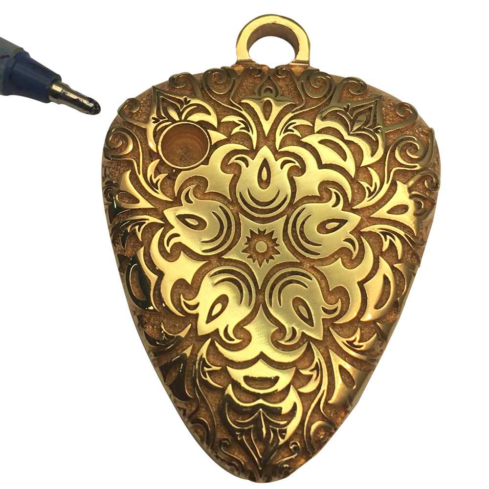 Deep laser engraving and texturing on gold pendant