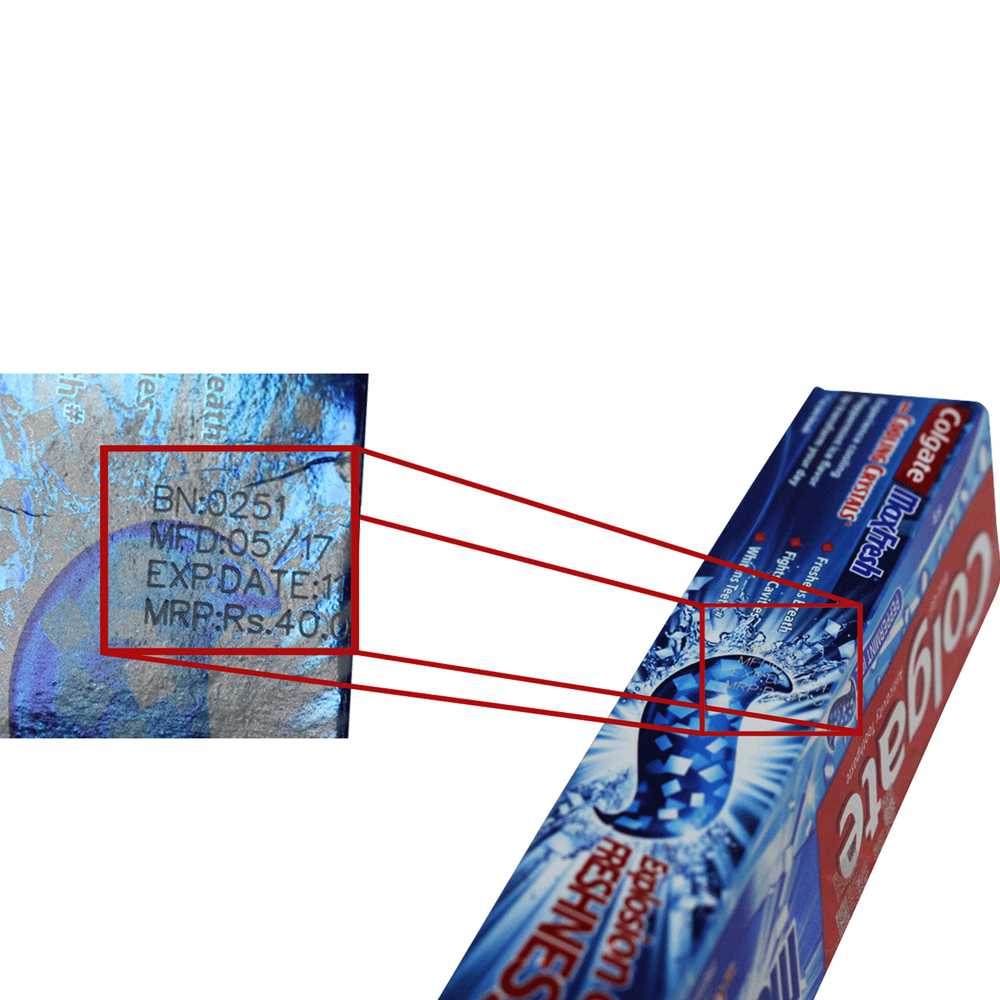 Laser marked batch code and mrp patch on colgate